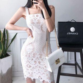 Lace Trim Spaghetti Strap Sheath Mini Dress