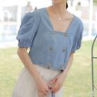 Puff-sleeve Double-breasted Denim Blouse Blue - One Size