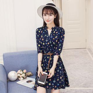Hot Air Balloon Print Split Neck 3/4 Sleeve Dress