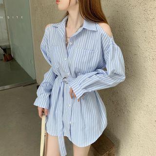 Striped Cold-shoulder Tie-waist Mini Shirtdress Stripes - Blue & White - One Size