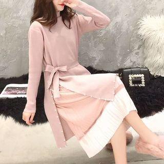 Set: Mock Neck Long Sweater + Pleated Midi Skirt