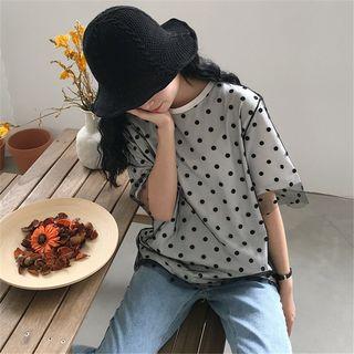 Elbow-sleeve Sheer Panel Dotted Top