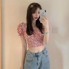 Short-sleeve Butterfly Print Cropped Blouse Red - One Size