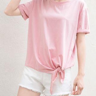 Plain Tie Waist Short Sleeve T-shirt