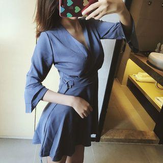 3/4-sleeve V-neck Mini A-line Dress With Sash