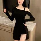 Cold-shoulder Long-sleeve Asymmetric Mini Sheath Dress