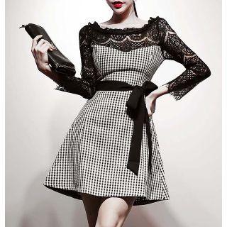 Long-sleeve Lace Panel Plaid Tie-waist Mini Dress