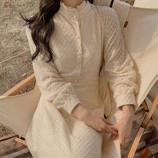 Long-sleeve Button-up Lace Midi Dress