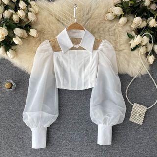 Halter Mesh Puff-sleeve Top
