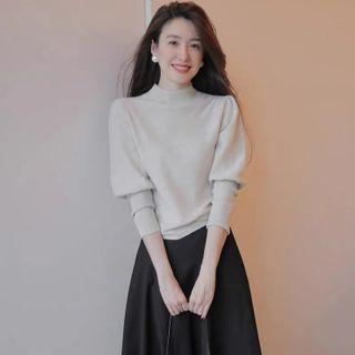 Puff-sleeve Sweater / Midi A-line Skirt / Set