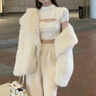 Short-sleeve Semi Turtleneck Plain Crop Top / Elastic Plain Sweatpants / Plain Loose Fit Furry Jacket