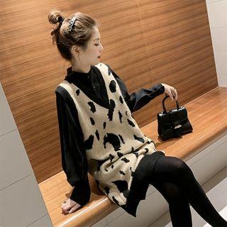 Set: Lantern-sleeve Blouse + Leopard Print Sleeveless Knit Dress
