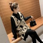 Set: Lantern-sleeve Blouse + Leopard Print Sleeveless Knit Dress