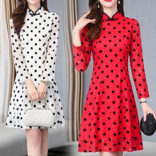 Dotted Mandarin Collar Long-sleeve Mini A-line Dress