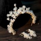 Set: Faux Pearl Flower Wedding Headband + Drop Earring Set - Headband & 1 Pair - Earring - White - One Size