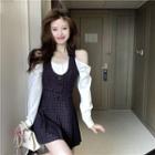 Mock Two-piece Long-sleeve Cold Shoulder Plaid Mini A-line Dress