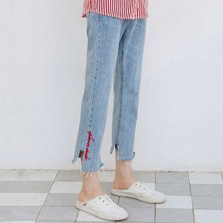High Waist Embroidered Slit-side Cropped Jeans