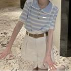 Short-sleeve Striped Ribbed Polo Knit Top / Shorts