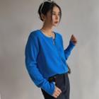Crew-neck Button-down Knit Top Blue - One Size