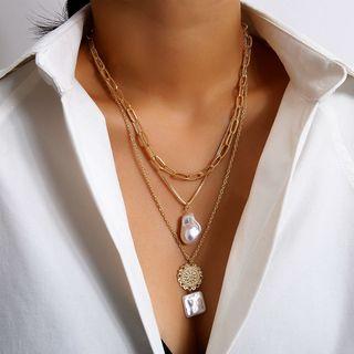 Faux Pearl Layered Necklace 0316 - Gold - One Size