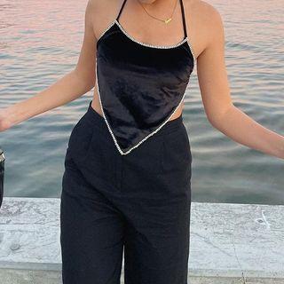 Halter Neck Rhinestone Crop Camisole Top