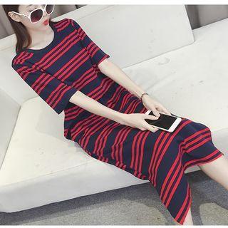 Set: Striped Short Sleeve T-shirt + Striped Drawstring Waist Midi Skirt