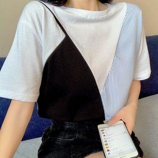 Short-sleeve Striped Panel Mock Two-piece T-shirt