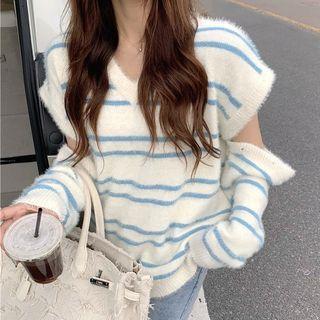 Cutout Striped Sweater Stripes - Blue & White - One Size