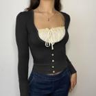 Lace Trim Sqaure Neck Skinny Long Sleeve Button-up Cropped Top