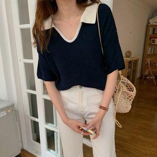 Elbow-sleeve Contrast Trim Knit Polo Shirt