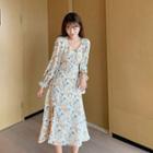 Long-sleeve V-neck Side-slit Floral Midi Dress