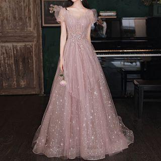 Puff-sleeve Sequined Mesh A-line Gown