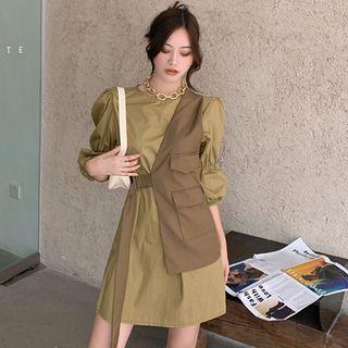 Elbow-sleeve A-line Mini Dress / Irregular Buckled Vest