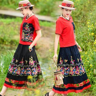Set: Embroidered Short-sleeve Top + Midi A-line Skirt