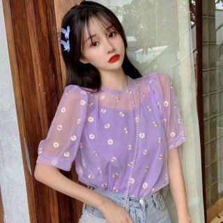 Short-sleeve Floral Mesh Top