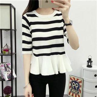 3/4-sleeve Striped Knit Top Black White - One Size