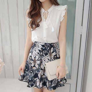 Set: Frill Trim Tasseled Chiffon Top + Floral Print Skirt