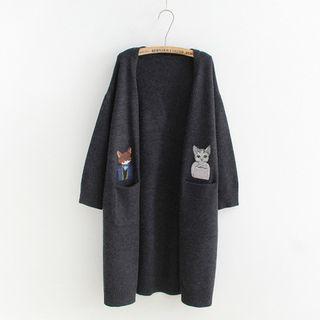 Cat Embroidered Dual-pocket Long-sleeve Knit Cardigan