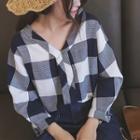 Check V-neck Loose-fit Long-sleeve Blouse