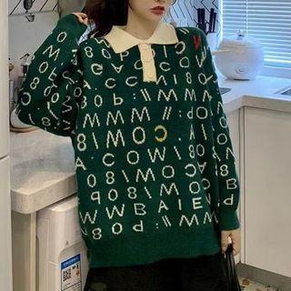 Long-sleeve Polo-collar Lettering Pattern Sweater