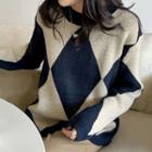 Round Neck Argyle Sweater Dark Blue & Off-white - One Size