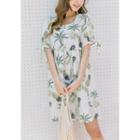 Beribboned Short-sleeve Tropical Print Linen Empire Dress