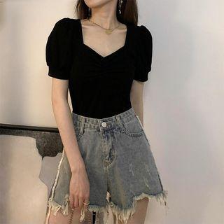 Short-sleeve V-neck Fitted Top Black - One Size
