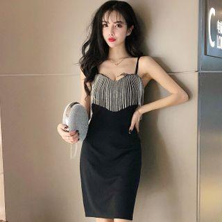 Spaghetti Strap Chain Trim Sheath Mini Dress