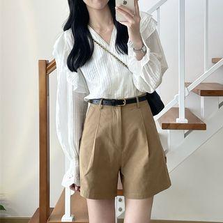 Long-sleeve V-neck Ruffle Blouse / High-waist Shorts