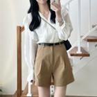Long-sleeve V-neck Ruffle Blouse / High-waist Shorts