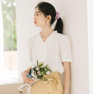 Ruffle Trim V-neck Short-sleeve Pintuck Blouse
