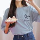 Elbow-sleeve Letter Embroidery T-shirt Grayish Blue - One Size