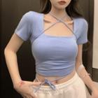 Short-sleeve Round-neck Strappy Cropped T-shirt