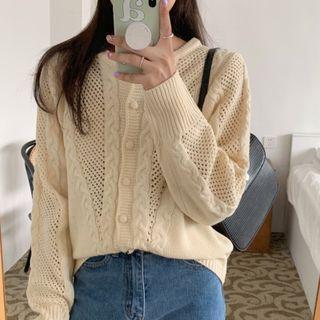Single-breasted Linen Flower Woven Cutout Long-sleeve Knit Sweater Almond - One Size